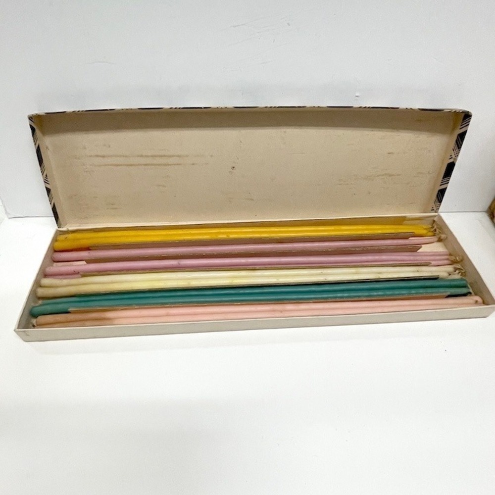 Vintage Will & Baumer Candle Co Tapers Mid Century Plaid Box 15" Slim Candles